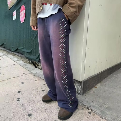 Mặt trời mờ Ácide Rửa Runner tùy chỉnh Cotton Baggy Sweatpants với đồ trang trí tinh thể
