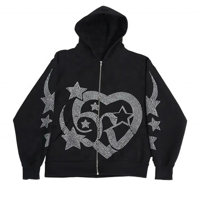 700 gram Đàn ông nặng rhinestone zipper Hoodies áo phông đầy đủ zip up Hoodie