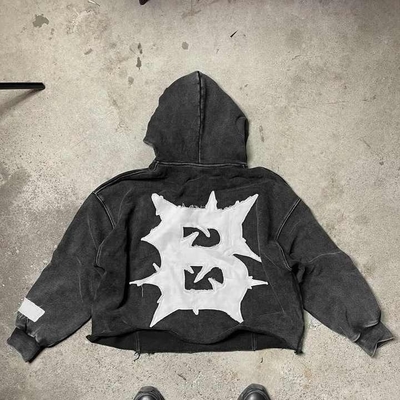 100% bông tùy chỉnh thêu mặt trời mờ cắt cạnh axit rửa cắt hoodies cho nam giới