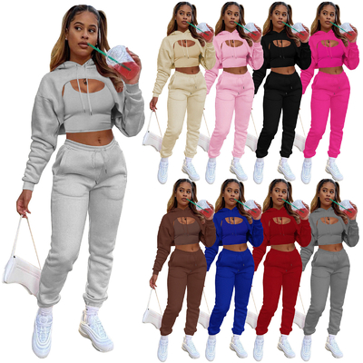 In màu hồng phụ nữ trang phục thể thao 3 mảnh Set Crop Top Hoodie và Joggers cắt Hoodies