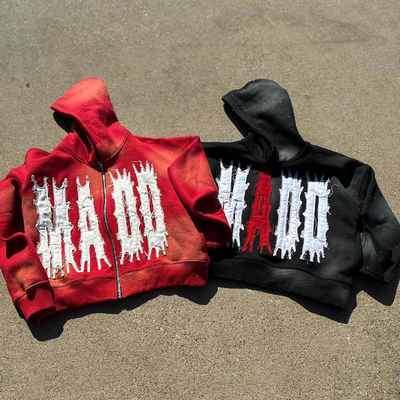 Blank Custom Cặp đính thêu Hoodie Mặt trời mờ Patchwork đau khổ Streetwear Hoodie