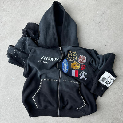 Hoodie siêu lớn rhinestone màu đen màu xanh dương Heavyweight Hoodie Vintage Stone Wash Distressed Design