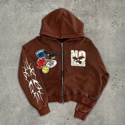 Pháp Terry axit rửa zip qua áo khoác Hoodie Crop Top Hoodie Double Way Zipper Pullover Patch 3d