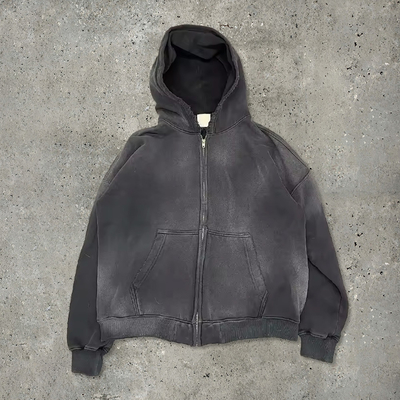 phòng tập thể dục màu nâu axit giặt lông zip hoodie Streetwear Cotton Hoodie Blank Zip Up Vintage Acid Wash Mặt trời mờ mờ