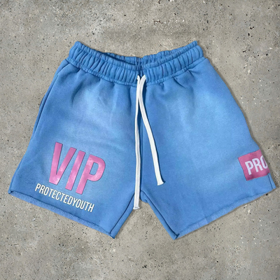 Puff Print ngắn bông tắm màu xanh cắt Raw Hem Cotton Fleece Zipper Pockets Streetwear Sweat