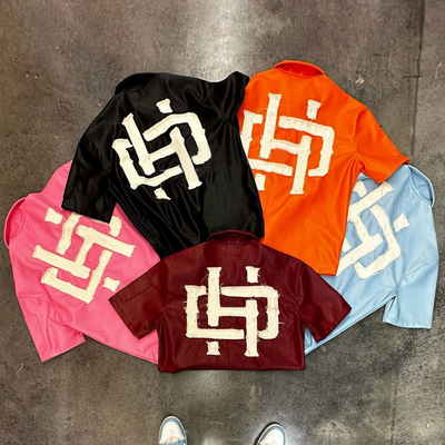 Trang phục đường phố tùy chỉnh Hip Hop Trọng lượng nặng Đau Đau Applique Patch Zip Up Fux Pu Da Jacket áo thun cho nam giới