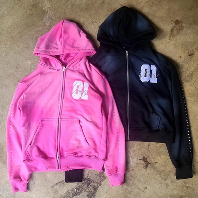 Đồ mặc nam 100% Cotton Heavyweight Hoodie thêu Đá nhôm Rhinestone Sun Washed Fadeed Zip Up Hoodie đau khổ