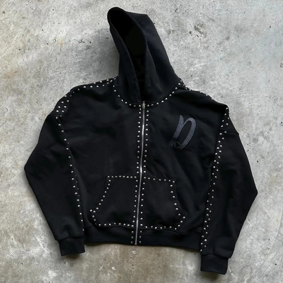 Trang phục đường phố tùy chỉnh Boxy Fit Terry Pháp 100% Cotton Zip Up Rivet Studded Rhinestone Men Hoodies
