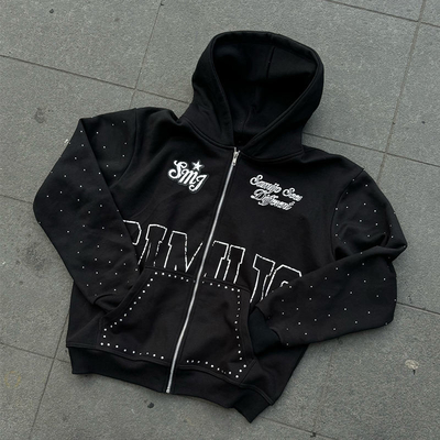 Custom Rhinestone Zip Up Hoodie 450 gsm dày trọng lượng nặng màn hình in Logo Streetwear Zipper Hoodies nam