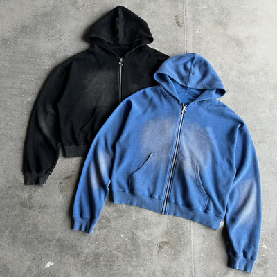 Đặt hàng 400gm Trọng lượng nặng Blank Oversized Boxy Fit Zip Up Vintage Sun Fadeed Acid Wash Waffle Hoodie cho nam giới