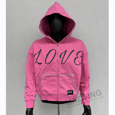 Trang phục đường phố Y2K tùy chỉnh 100% Cotton Trọng lượng nặng Hoodies lớn hơn In màn hình lụa Rhinestone Boxy Zip Up Hoodie