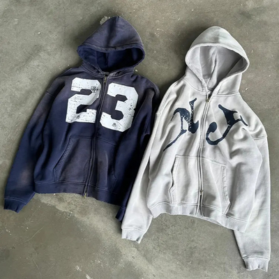Đặt hàng tùy chỉnh 400 Gsm Tấm màn hình lớn Hoodie Streetwear Đàn ông cao cấp Cotton rửa Vintage Double Zip Up Hoodie