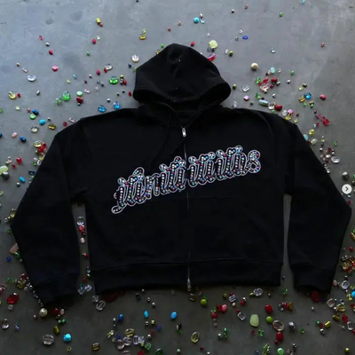 Đồ đạc nam 100% Cotton Heavyweight thêu khó chịu axit rửa hộp cắt zip lên rhinestone Hoodies cho nam