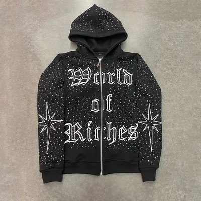 Chất lượng cao thêu zip hoodie trọng lượng bông Pháp Terry Hoodies lớn tùy chỉnh zipper rhinestone zip up hoodie