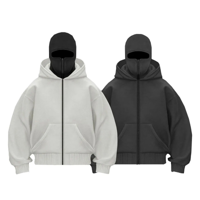 Nhà sản xuất Heavy Cotton Patchwork Double Hood Full Zip Up Balaclava Hoodies Custom Ninja Mask Men Hoodie