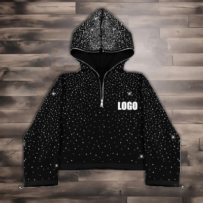 Streetwear tùy chỉnh 380 500gsm nam giới vải terry Pháp trên tất cả các in rhinestone hộp cắt toàn bộ khuôn mặt nửa zip lên áo khoác hoodie nam giới