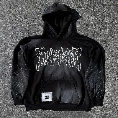 Logo tùy chỉnh Áo bông nặng Hoodies Patchwork Phong thêu đau khổ Streetwear Oversized Boxy Pullover Hoodie cho nam giới
