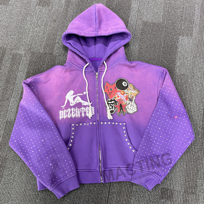 Trang phục đường phố tùy chỉnh Vintage Hoodies rửa mặt trời mờ Patchwork đan nhựa rhinestone hộp cắt Zip lên Hoodie cho nam giới
