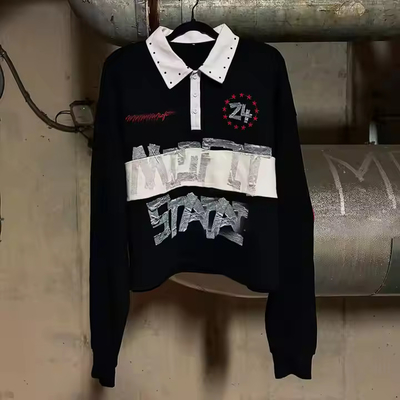 Ước tính 2025 Streetwear Dải nút lên cổ áo quá kích cỡ Rhinestone Dtg in tay dài Rugby Polo áo sơ mi cho nam giới