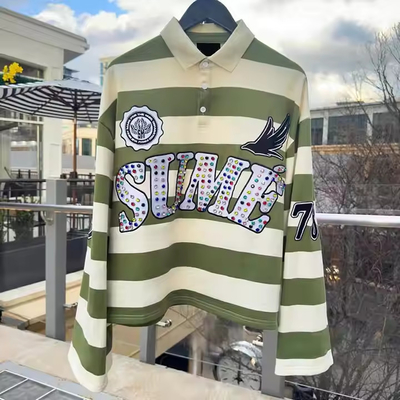 Thêu tùy chỉnh áo khoác bóng bầu dục Polo Color Block Rhinestone tay áo dài Boxy Fit cắt đứt đan dải Polo áo cho đàn ông