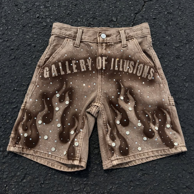 Đặt hàng tùy chỉnh 2025 mùa hè quần jean rhinestone quần short Streetwear màu nâu rửa quần denim quần short vintage Baggy Jorts