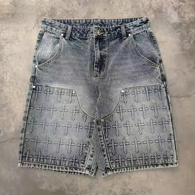 Ống xịt tùy chỉnh rửa nam Streetwear 3D đúc giày lót Baggy nam JHalf ngắn quần jean thợ mộc Denim jeans ngắn