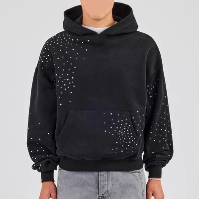 Áo Hoodie Pullover Tùy Chỉnh Nam Streetwear Thêu Logo Rửa Axit Cổ Điển Oversized Rơi Vai Hoodie Đính Đá