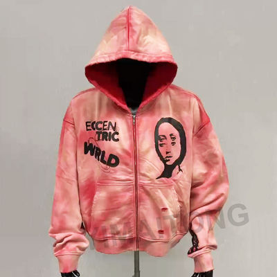 Áo Hoodie Nam Vintage Phai Màu Axit, Sờn Rách, Mũ Trùm Đầu Lớn, Khóa Kéo, Vải French Terry Phong Cách Đường Phố