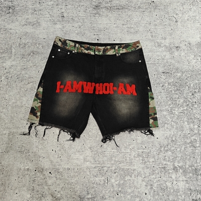 Miếng vá thêu khăn tắm tùy chỉnh Logo Túi camo Quần short jean baggy Streetwear Chất lượng cao Mép thô Quần short denim jean cổ điển cho nam