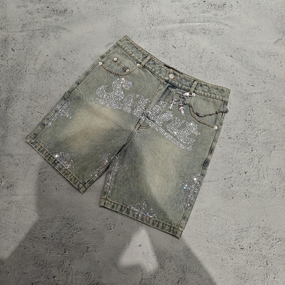 Custom Stone Washed Bling Crystal Baggy Động trang đường phố hạng nặng Denim 100 Cotton Denim Shorts Nam Vintage Jorts
