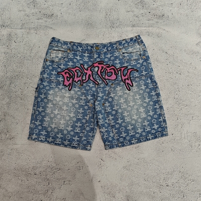 Quần short jean denim jacquard cao cấp sang trọng tùy chỉnh, giặt kiểu vintage, hai lớp đầu gối, cotton dày, baggy cho nam
