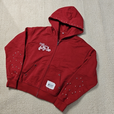 Đặt tay giặt áo khoác màu đỏ thêu bọc bông Terry Pháp Ngọc trai ngọc trai kích thước lớn hộp zip lên áo khoác cho nam giới