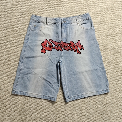 Quần short jean ống loe tùy chỉnh Y2k Streetwear thêu in họa tiết cổ điển túi eo đôi rộng thùng thình cho nam