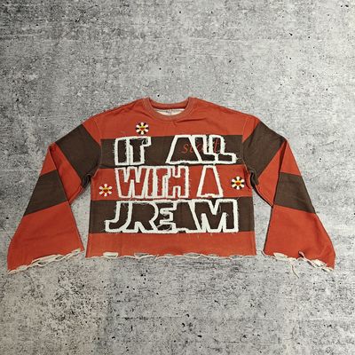 Áo thun nam tay dài sọc xén gấu thô, dáng lửng, thêu logo tùy chỉnh, chất liệu cotton 280-300gsm, hiệu ứng mài rách, giặt acid.