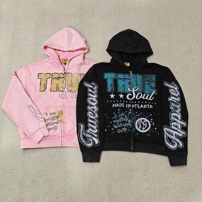 Custom DTG Screen Printing Boxy Heavyweight Zipper Jackets Cotton Distressed Rhinestone Zip up Men Hoodie